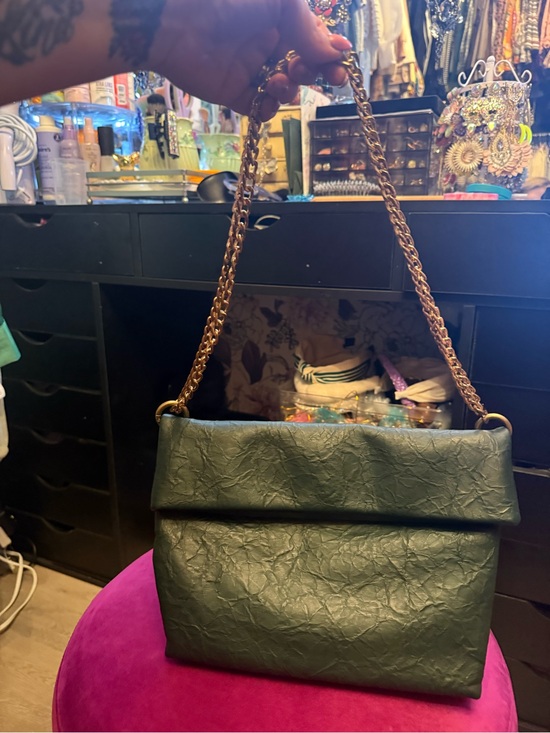 Anthropologie Handbags - Anthropologie Dark Green Fold-Over Crossbody with Gold Chain Strap